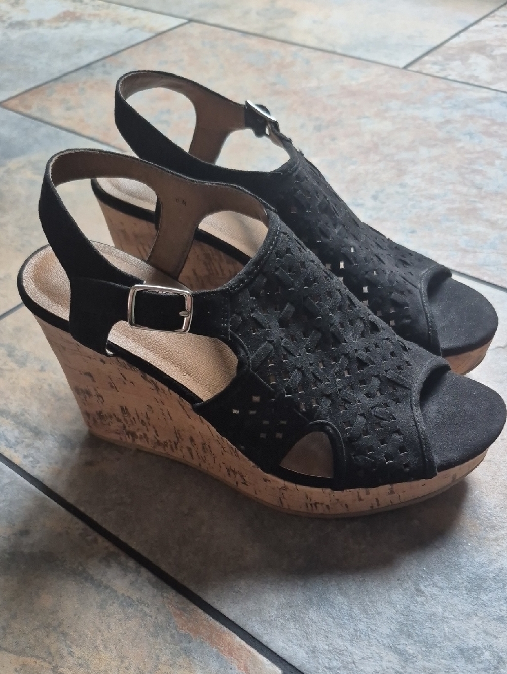 Maurices Black Suede Cork Wedge Sandals